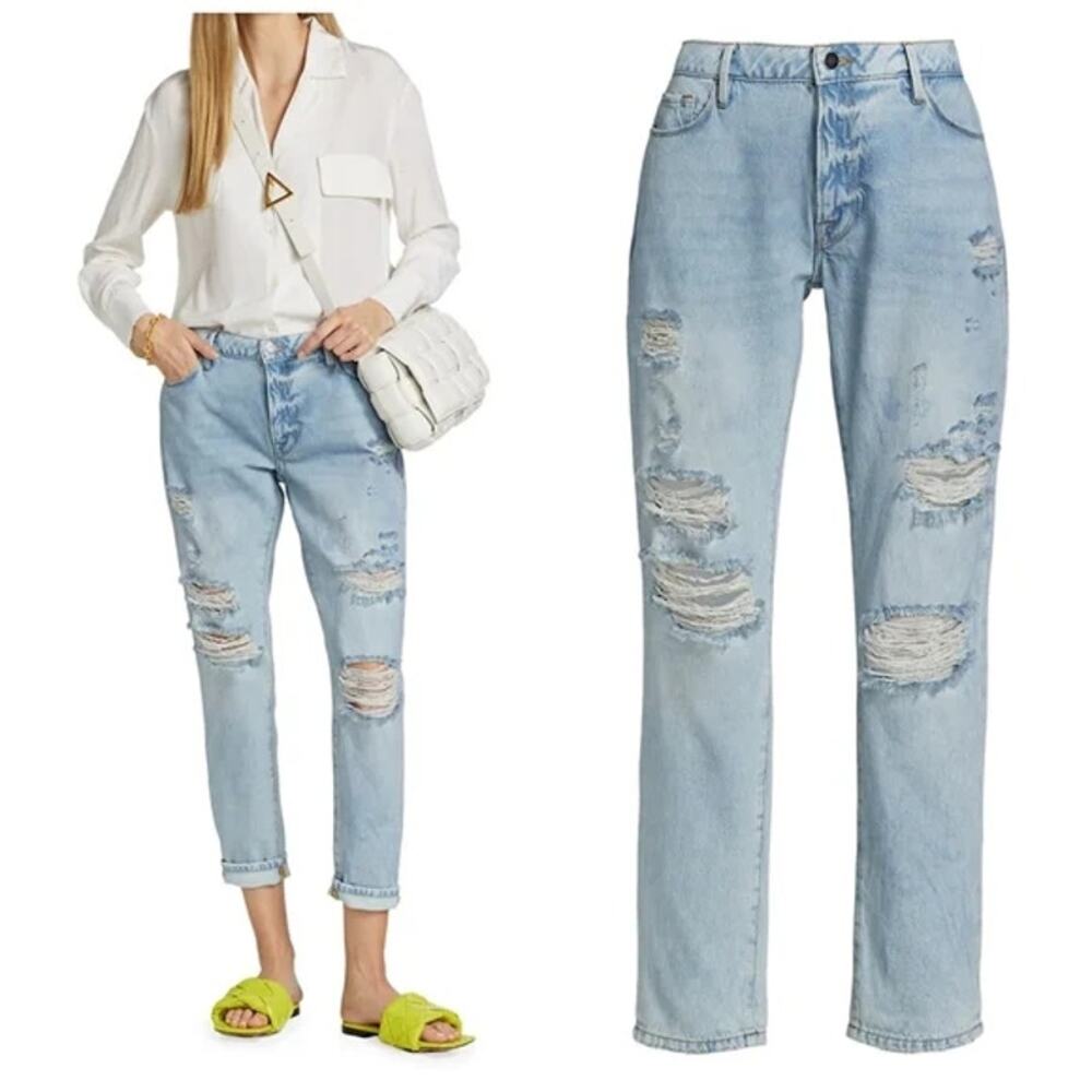Frame Le Garcon Boyfriend Jean Distressed Natoma Wash 26 Light Blue Denim Boho